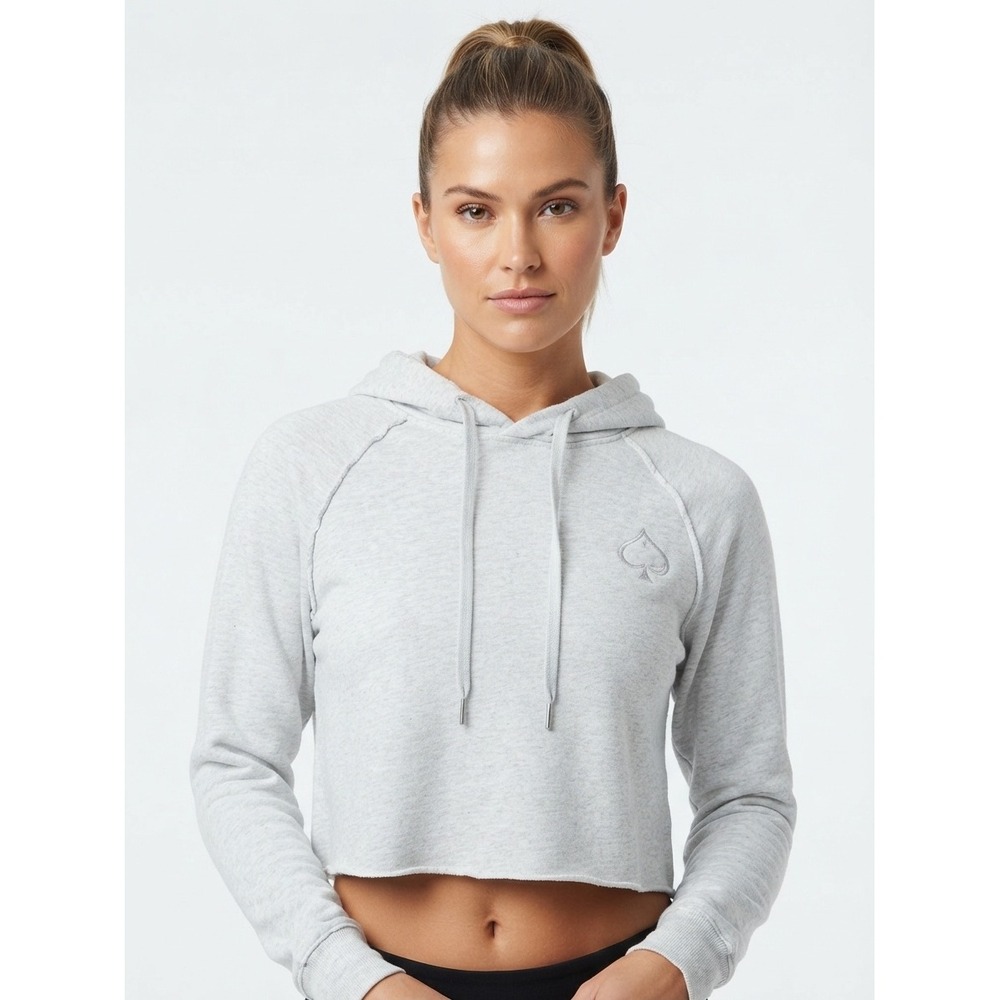 tasc Performance Varsity French Terry Crop Hoodie Organic Bamboo Cotton Gray LG